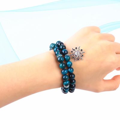 Handmade Elastic Round Turquoise Blue Tiger'S Eye Stone Beaded Stretch Bracelet