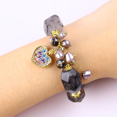 Handmade Gemstone Bracelet Adjustable Charm Black Rutilate Quartz Bracelet Natural Stone Pearl Jewelry For Daily Wearing