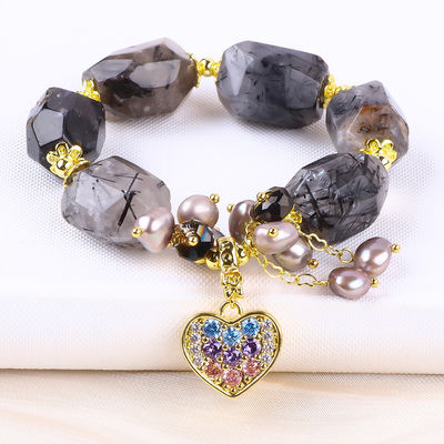 Handmade Gemstone Bracelet Adjustable Charm Black Rutilate Quartz Bracelet Natural Stone Pearl Jewelry For Daily Wearing