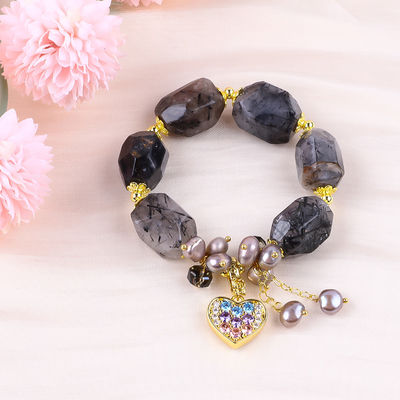 Handmade Gemstone Bracelet Adjustable Charm Black Rutilate Quartz Bracelet Natural Stone Pearl Jewelry For Daily Wearing