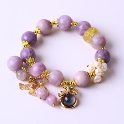 Handmade Round Bead Crystal Gemstone Elastic Bracelet with Deluxe Charms