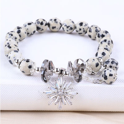 Custom Gemstone 8mm Round Dalamation Jasper With Snowflake Charm Bead Bracelet For Gift Giving