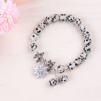 Custom Gemstone 8mm Round Dalamation Jasper With Snowflake Charm Bead Bracelet For Gift Giving