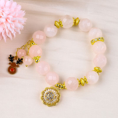 Handmade Gemstone Beaded Bracelet Natural Rose Quartz Adjustable Giraffe Charm Bracelet For Party Daily Wearing