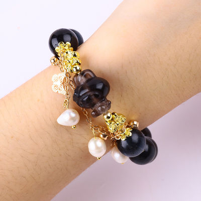 Handmade Gemstone Beaded Bracelet Natural Ink Blue Tiger's Eye Adjustable Peal Charm Bracelet For Party Daily Wearing