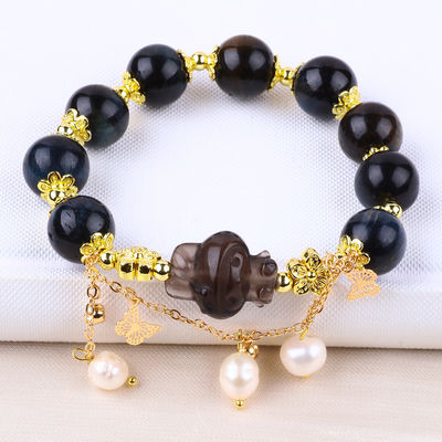 Handmade Gemstone Beaded Bracelet Natural Ink Blue Tiger's Eye Adjustable Peal Charm Bracelet For Party Daily Wearing