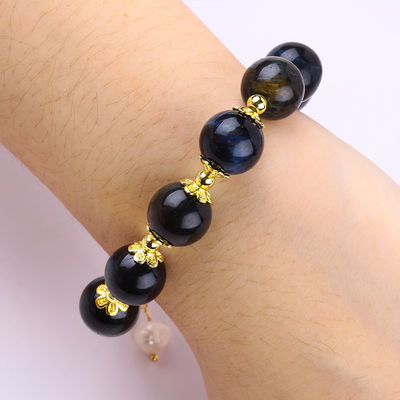 Handmade Gemstone Beaded Bracelet Natural Ink Blue Tiger's Eye Adjustable Peal Charm Bracelet For Party Daily Wearing