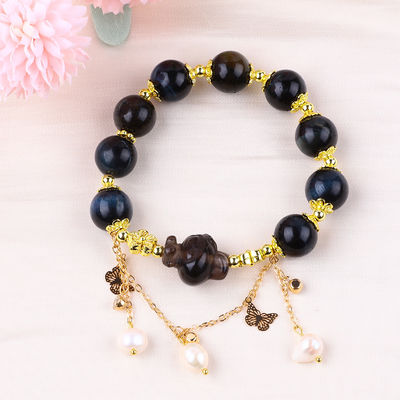 Handmade Gemstone Beaded Bracelet Natural Ink Blue Tiger's Eye Adjustable Peal Charm Bracelet For Party Daily Wearing