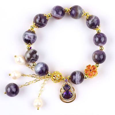 Handmade Gemstone Beaded Bracelet Natural Amethyst Adjustable Peal Charms Bracelet For Party Daily Wearing