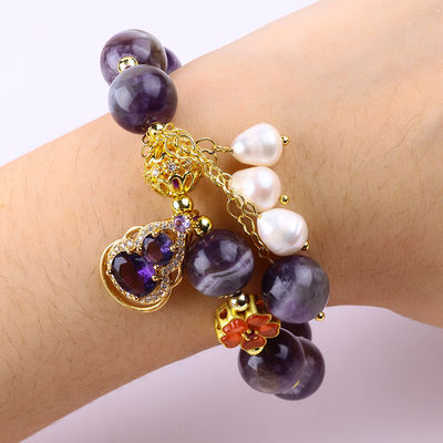 Handmade Gemstone Beaded Bracelet Natural Amethyst Adjustable Peal Charms Bracelet For Party Daily Wearing