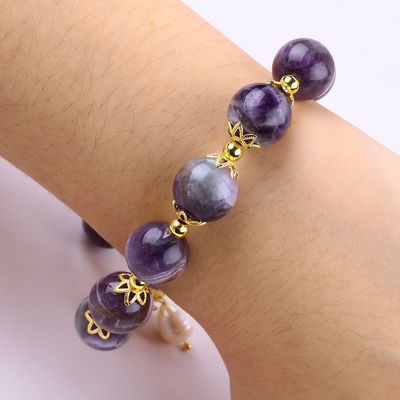 Handmade Gemstone Beaded Bracelet Natural Amethyst Adjustable Peal Charms Bracelet For Party Daily Wearing