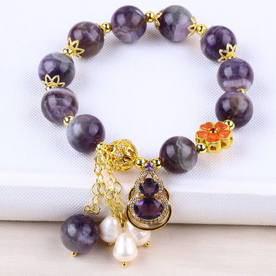 Handmade Gemstone Beaded Bracelet Natural Amethyst Adjustable Peal Charms Bracelet For Party Daily Wearing