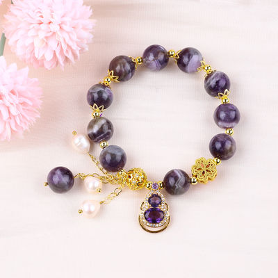 Handmade Gemstone Beaded Bracelet Natural Amethyst Adjustable Peal Charms Bracelet For Party Daily Wearing