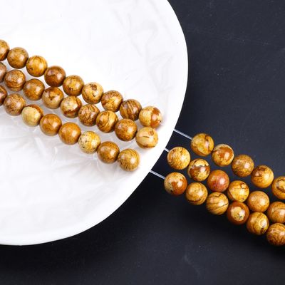 Yellow Wood-Grain Round Bead Natural Crystal Gemstone Wood Jasper Loose Bead Strands for DIY Jewelry Making