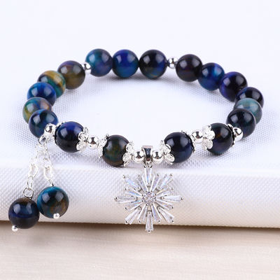 Gemstone Crystal 8MM Rainbow Tiger Eye With Snowflake Charm Stretch Bracelet For Gift Giving