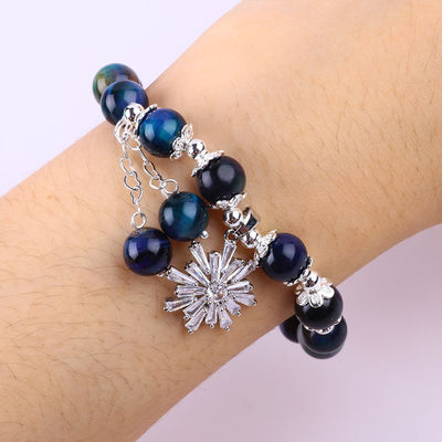 Gemstone Crystal 8MM Rainbow Tiger Eye With Snowflake Charm Stretch Bracelet For Gift Giving