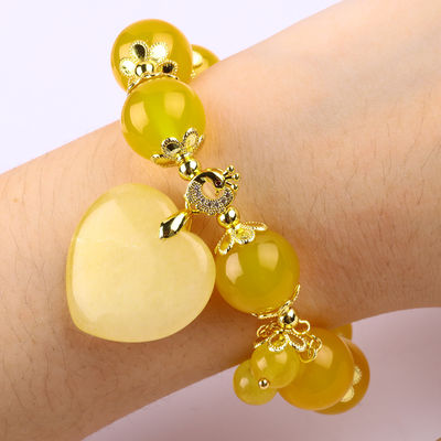 14MM Natural Energy Yellow Chalcedony With Yellow Jade Heart Carving  Lucky Crystal Bead Bracelet
