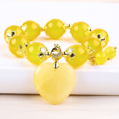 14MM Natural Energy Yellow Chalcedony With Yellow Jade Heart Carving  Lucky Crystal Bead Bracelet