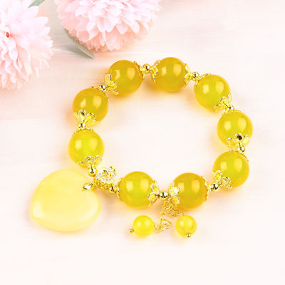 14MM Natural Energy Yellow Chalcedony With Yellow Jade Heart Carving  Lucky Crystal Bead Bracelet