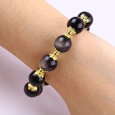 Genuine Stone 12MM Silver Obsidian Round Star With Moon Charm Crystal Bead Bracelet