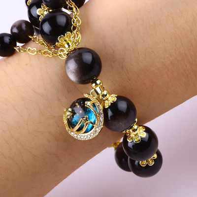 Genuine Stone 12MM Silver Obsidian Round Star With Moon Charm Crystal Bead Bracelet