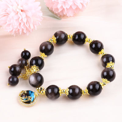 Genuine Stone 12MM Silver Obsidian Round Star With Moon Charm Crystal Bead Bracelet