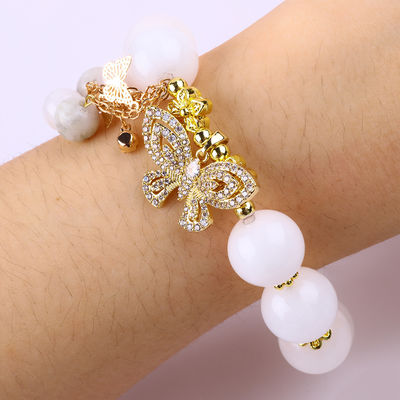 Natural White Agate 14MM  Crystal Single Circle Hand String Butterfly Charm Bracelet For Gift