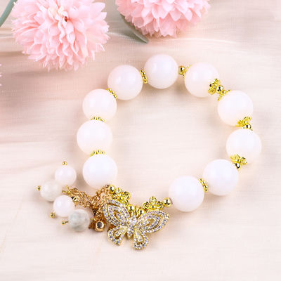 Natural White Agate 14MM  Crystal Single Circle Hand String Butterfly Charm Bracelet For Gift