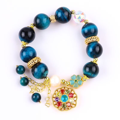 14MM Energy Healing Crystal Blue Tiger Eye Flower Spinner Charm Bead Bracelet For Daily Wear