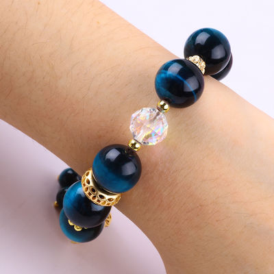14MM Energy Healing Crystal Blue Tiger Eye Flower Spinner Charm Bead Bracelet For Daily Wear