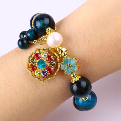 14MM Energy Healing Crystal Blue Tiger Eye Flower Spinner Charm Bead Bracelet For Daily Wear