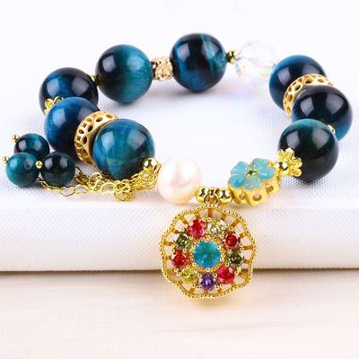 14MM Energy Healing Crystal Blue Tiger Eye Flower Spinner Charm Bead Bracelet For Daily Wear