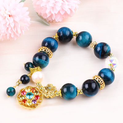 14MM Energy Healing Crystal Blue Tiger Eye Flower Spinner Charm Bead Bracelet For Daily Wear