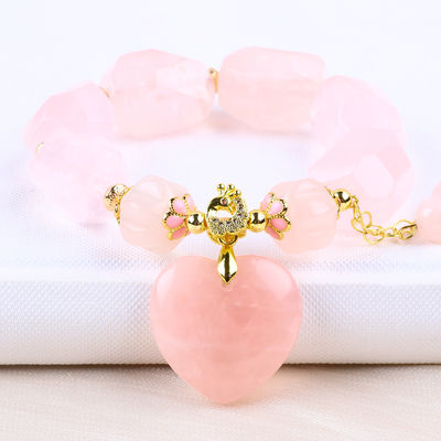 14MM Multi Facted Rose Quartz Stone Crystal Bracelet Heart Carving