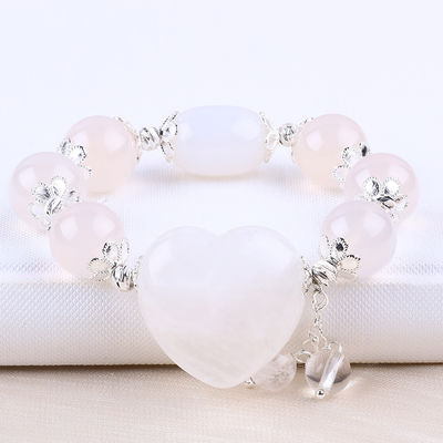 Semi-Precious Gemstone Healing Energy White Agate With Clear Big Heart Bracelet For Daily Wear