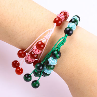 8mm Green Tiger Eye And  Red Chalcedony Adjustable Braided Rope Healing Balance Bead Bracelet