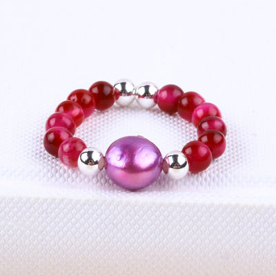 4mm Handmade Gemstone Beaded Ring Adjustable Elastic Rose Red Tiger's Eye Stone Ring For Party Daily Wearing