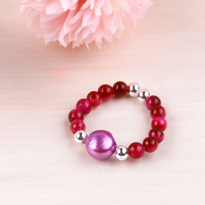 4mm Handmade Gemstone Beaded Ring Adjustable Elastic Rose Red Tiger's Eye Stone Ring For Party Daily Wearing