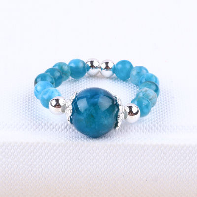 4mm Handmade Gemstone Beaded Ring Adjustable Blue Apatite Stone Ring For Party Daily Wearing