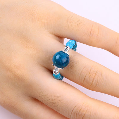 4mm Handmade Gemstone Beaded Ring Adjustable Blue Apatite Stone Ring For Party Daily Wearing