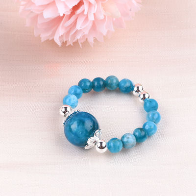 4mm Handmade Gemstone Beaded Ring Adjustable Blue Apatite Stone Ring For Party Daily Wearing