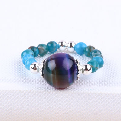 4mm Handmade Gemstone Beaded Ring Adjustable Elastic Blue Apatite Stone Ring Witth Colored Tigere's Eye Bead For Party D