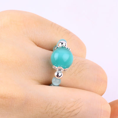 4mm Handmade Gemstone Beaded Ring Adjustable Elastic Green Cat's Eye Stone Ring For Party Daily Wearing