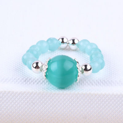 4mm Handmade Gemstone Beaded Ring Adjustable Elastic Green Cat's Eye Stone Ring For Party Daily Wearing