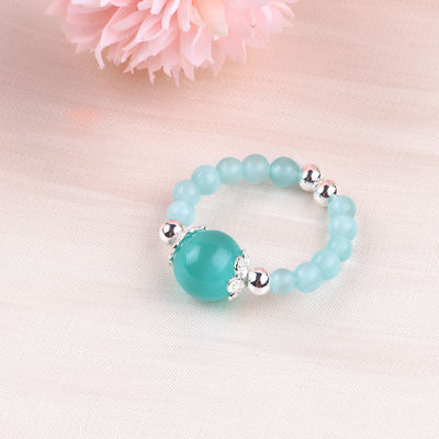 4mm Handmade Gemstone Beaded Ring Adjustable Elastic Green Cat's Eye Stone Ring For Party Daily Wearing