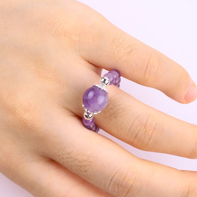 4mm Handmade Gemstone Beaded Ring Adjustable Elastic Amethyst Stone Ring For Party Daily Wearing