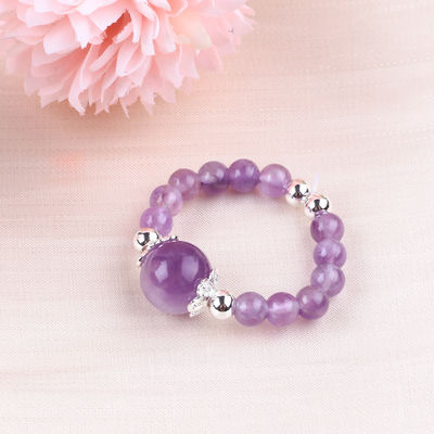 4mm Handmade Gemstone Beaded Ring Adjustable Elastic Amethyst Stone Ring For Party Daily Wearing