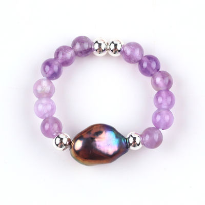 4mm Handmade Gemstone Beaded Ring Adjustable Elastic Sodalite Stone Ring With Peal Charm For Party Daily Wearing