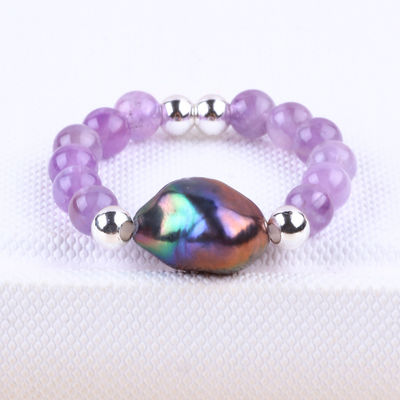4mm Handmade Gemstone Beaded Ring Adjustable Elastic Sodalite Stone Ring With Peal Charm For Party Daily Wearing