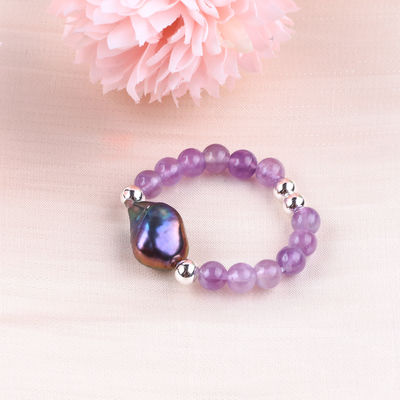 4mm Handmade Gemstone Beaded Ring Adjustable Elastic Sodalite Stone Ring With Peal Charm For Party Daily Wearing